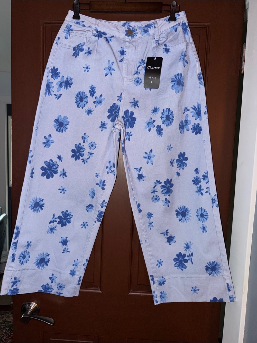Chartou NWT Floral Barrel Jeans Size Large Blue White Cropped Stretch Denim